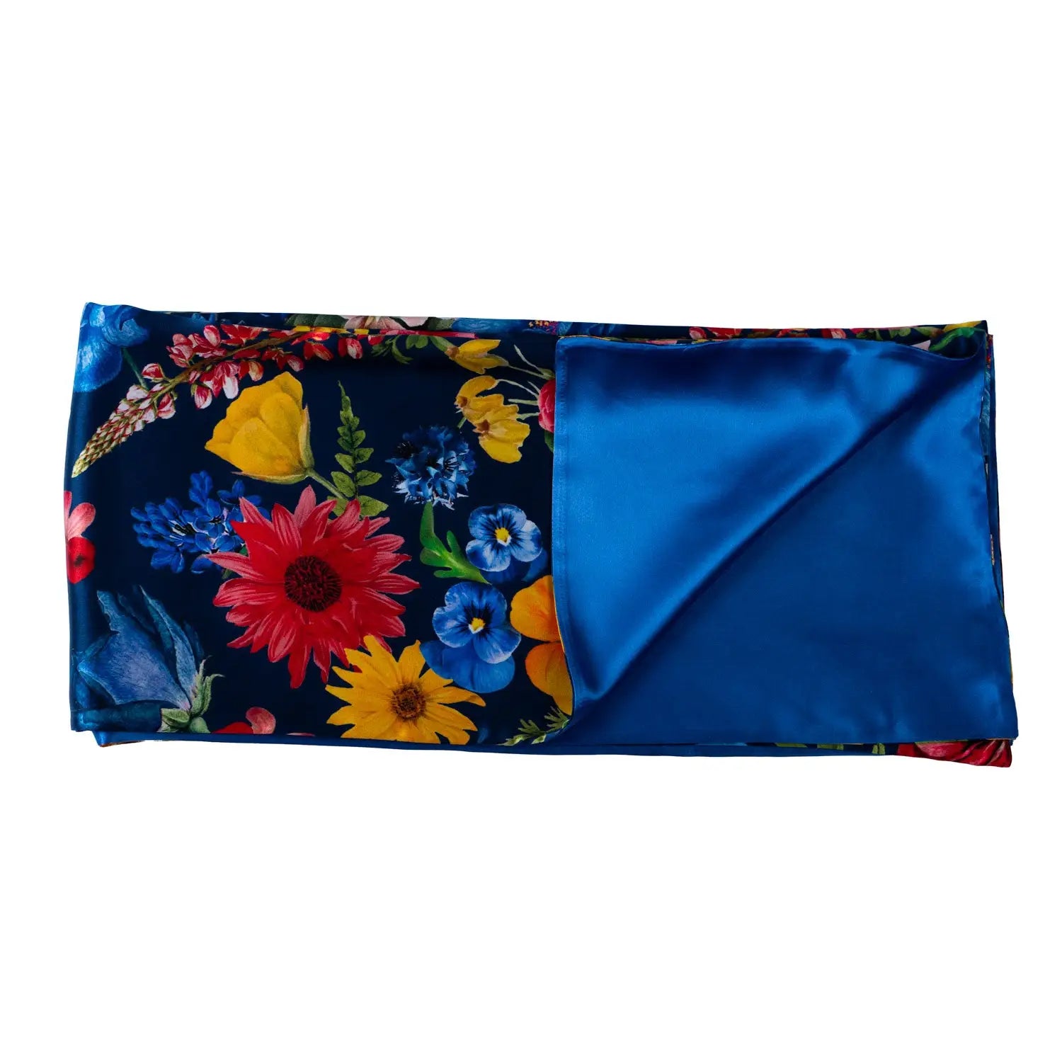 Blue Floral Satin Silk Scarf - 2m x 50cm (6.5ft x 20inches)