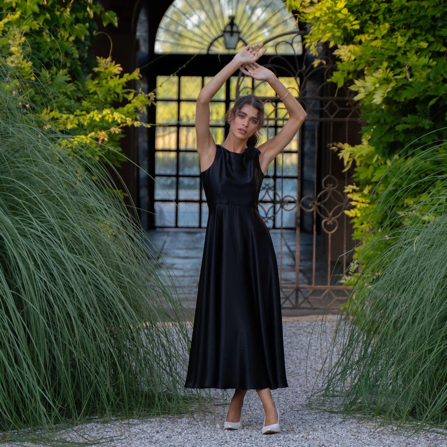 Evening Gown In Black Satin Silk - Dress