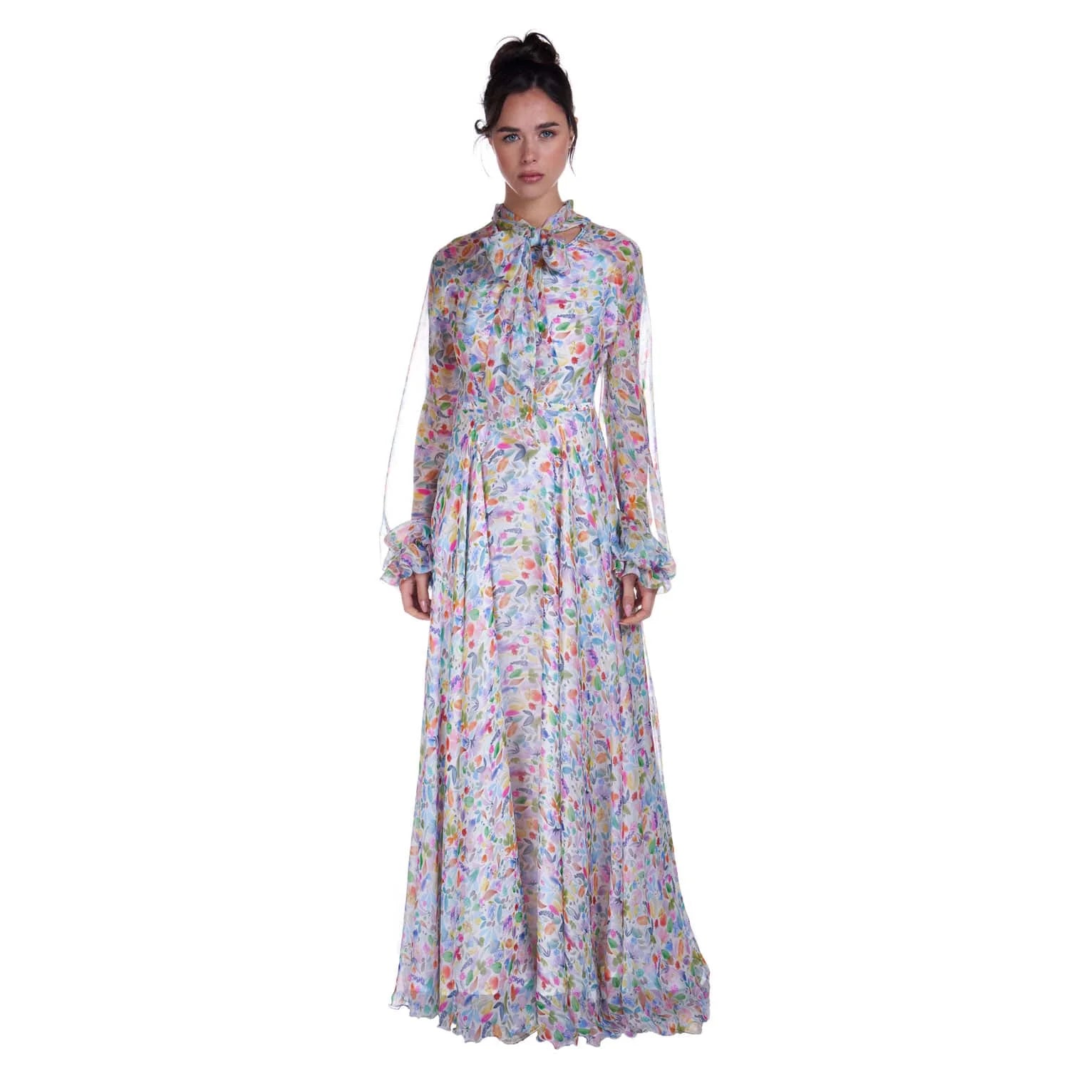 Long chiffon dress in watercolor print - Dress