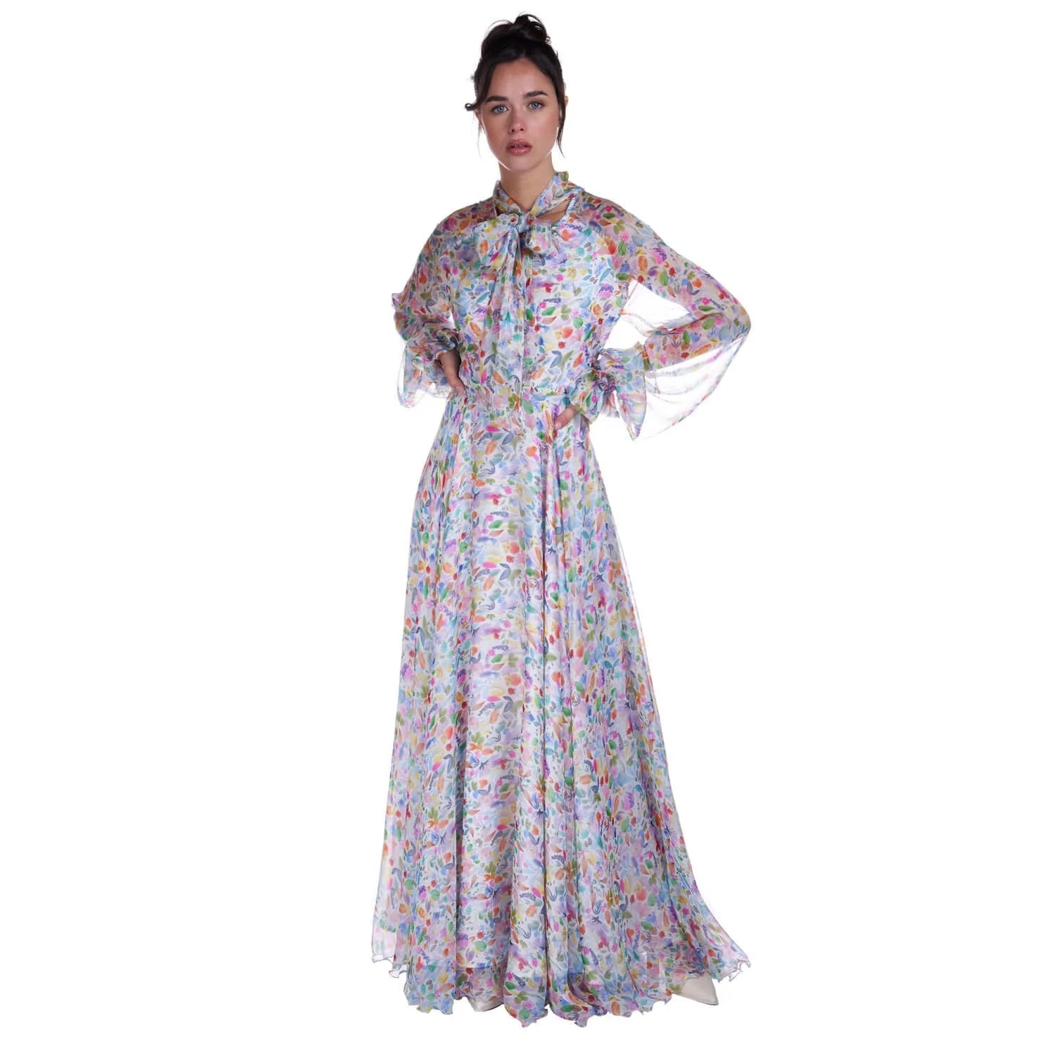 Long chiffon dress in watercolor print - Dress