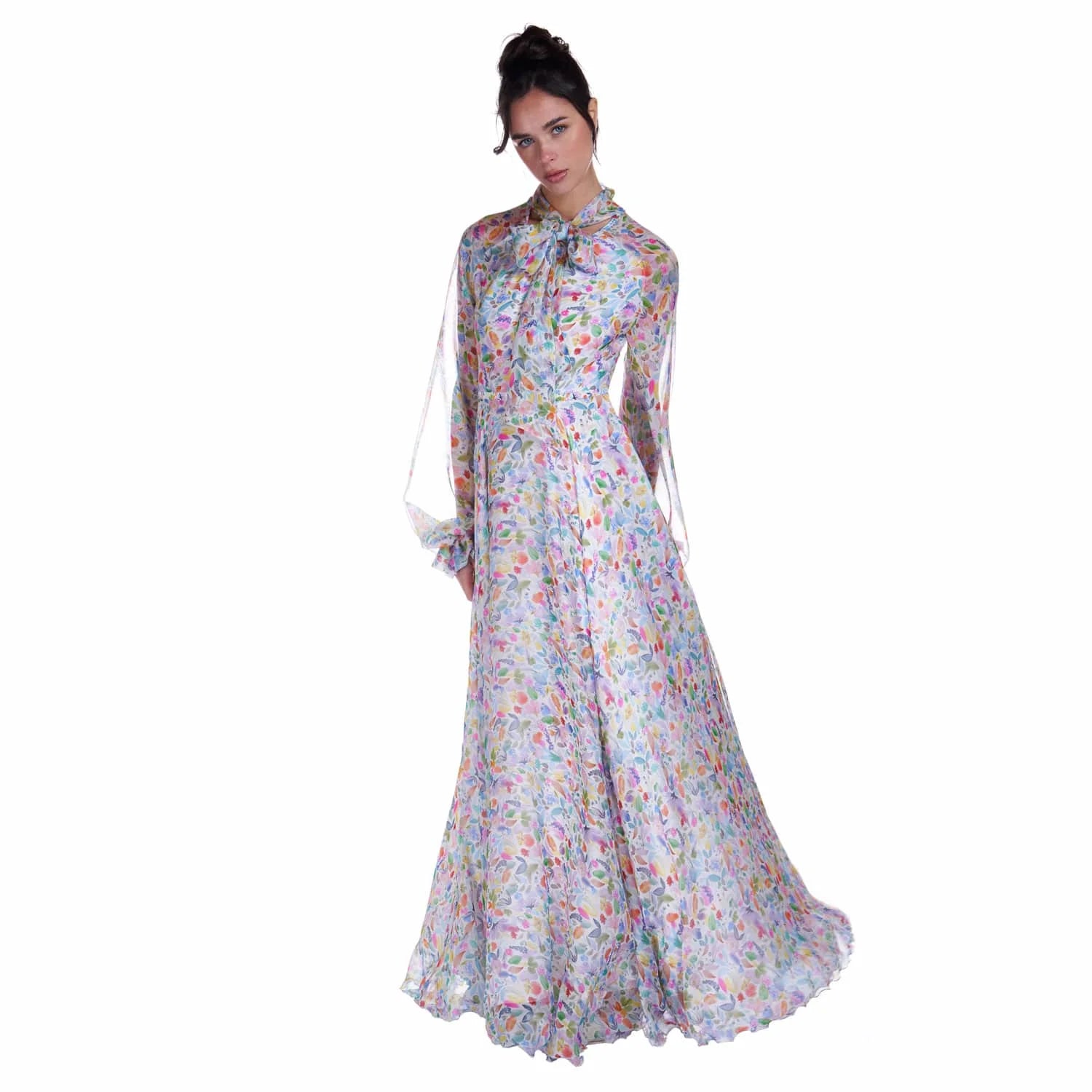 Long chiffon dress in watercolor print - Dress