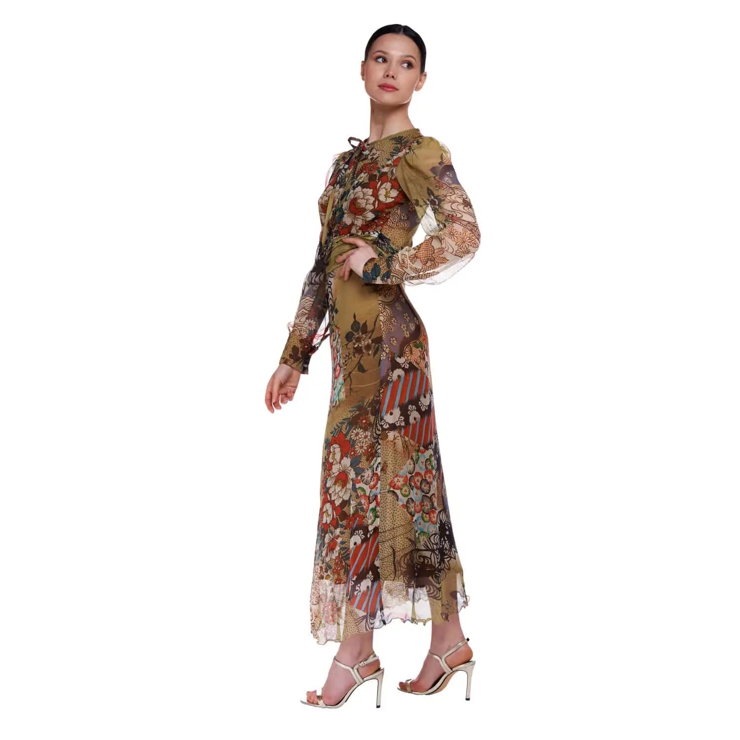 Long olive patterned dress - Dress