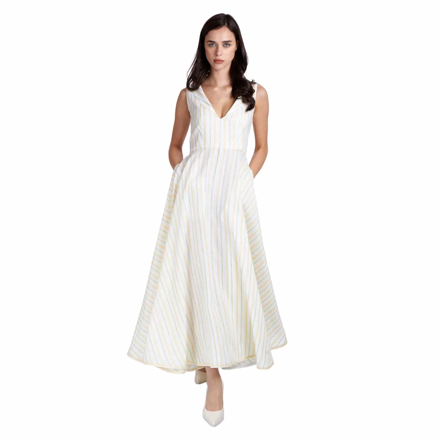 Long V-Neck Linen Dress - Dress