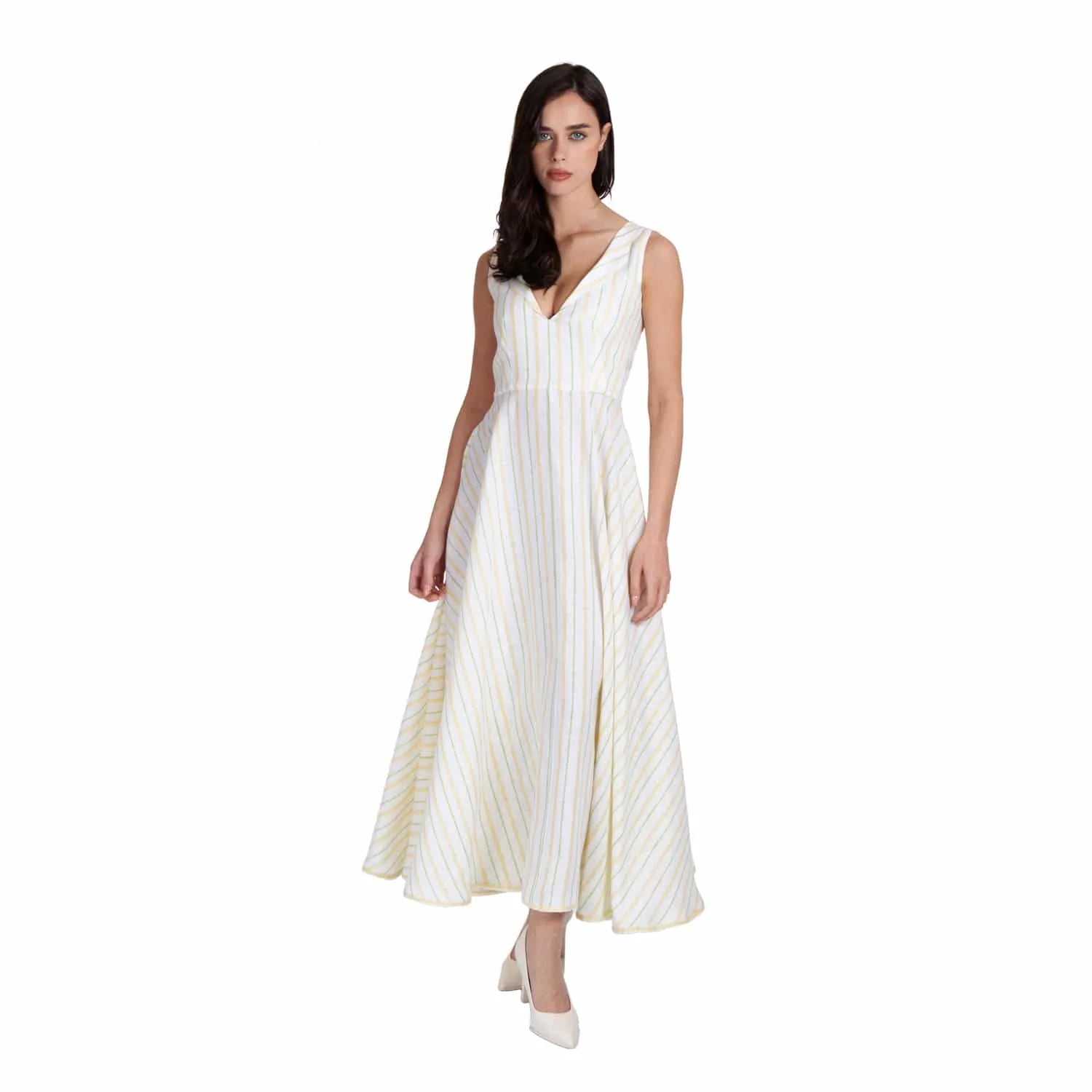 Long V-Neck Linen Dress - Dress