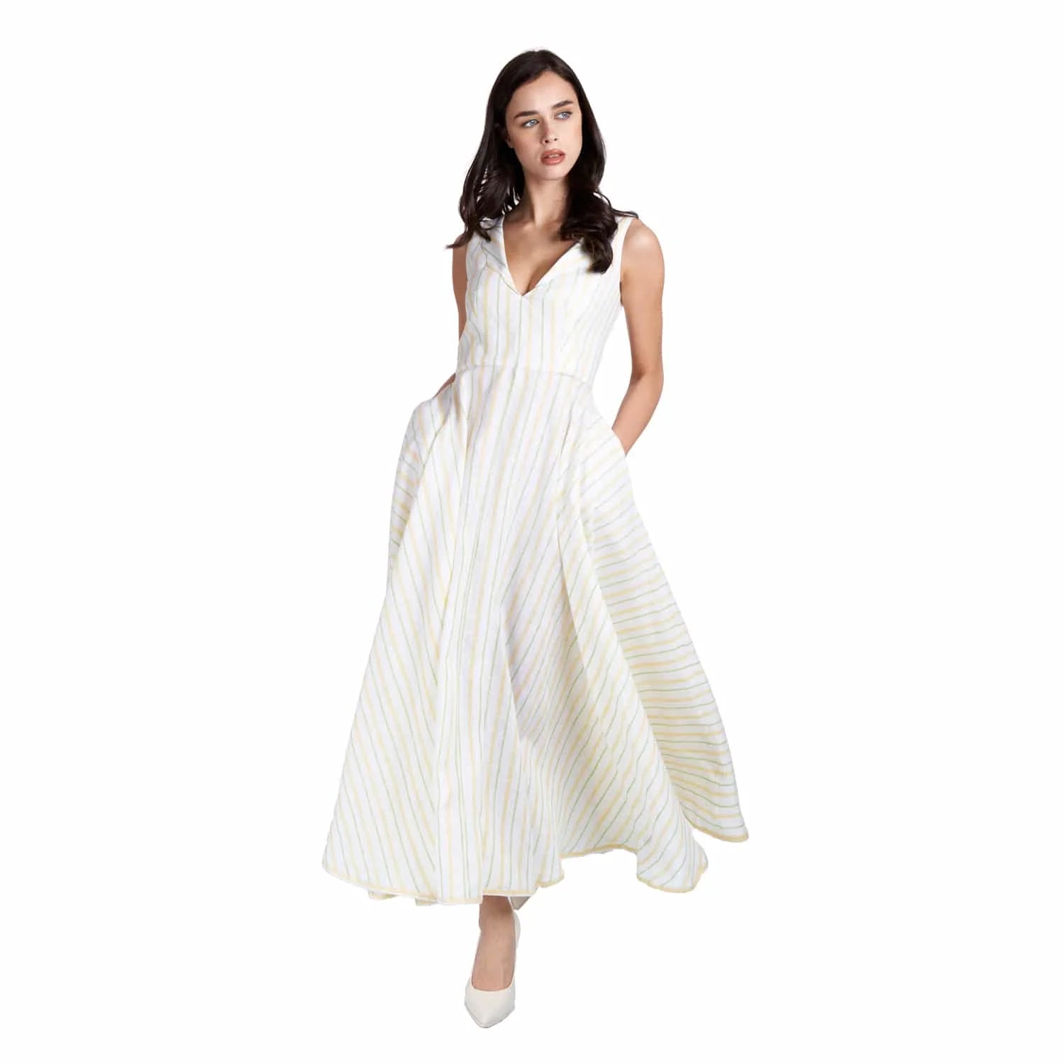 Long V-Neck Linen Dress - Dress