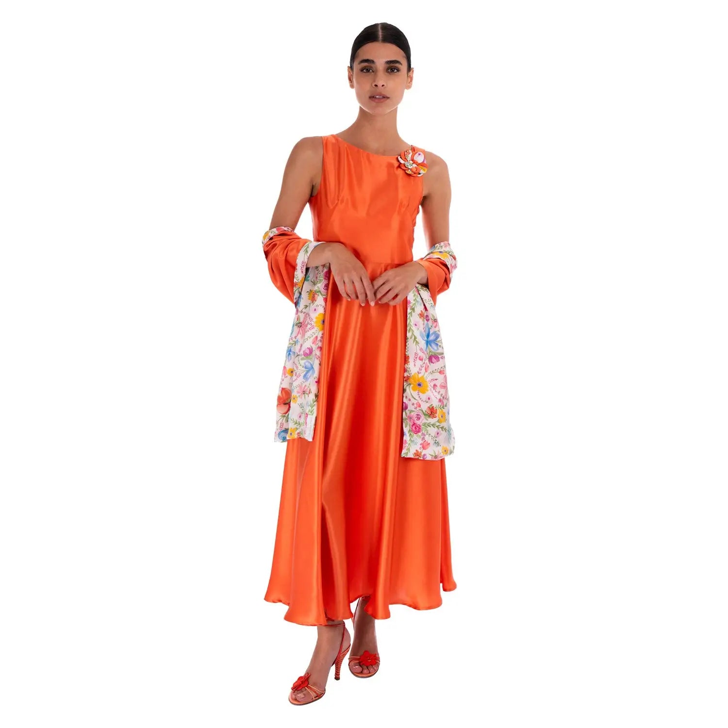 Orange Floral Satin Silk Scarf - 2m x 50cm (6.5ft x