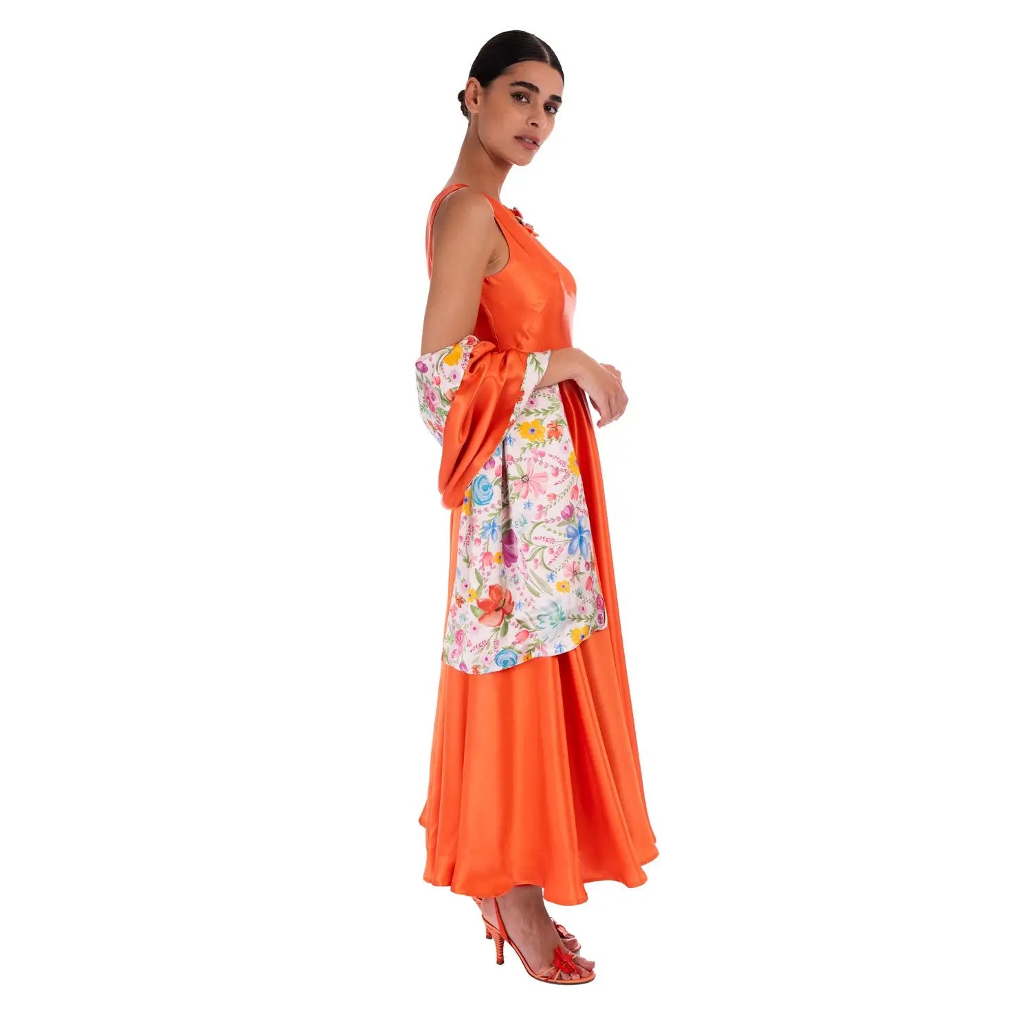 Orange Floral Satin Silk Scarf - 2m x 50cm (6.5ft x