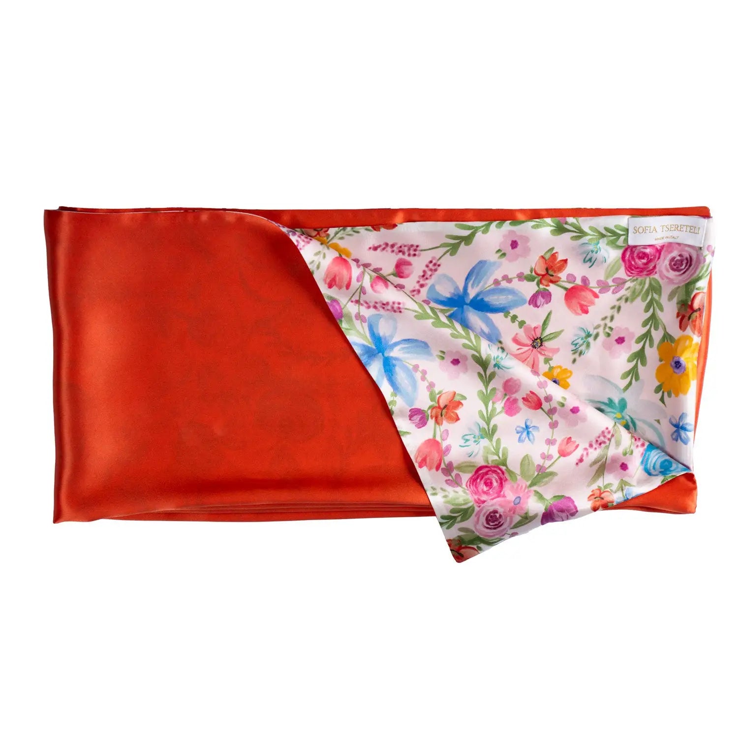 Orange Floral Satin Silk Scarf - 2m x 50cm (6.5ft x