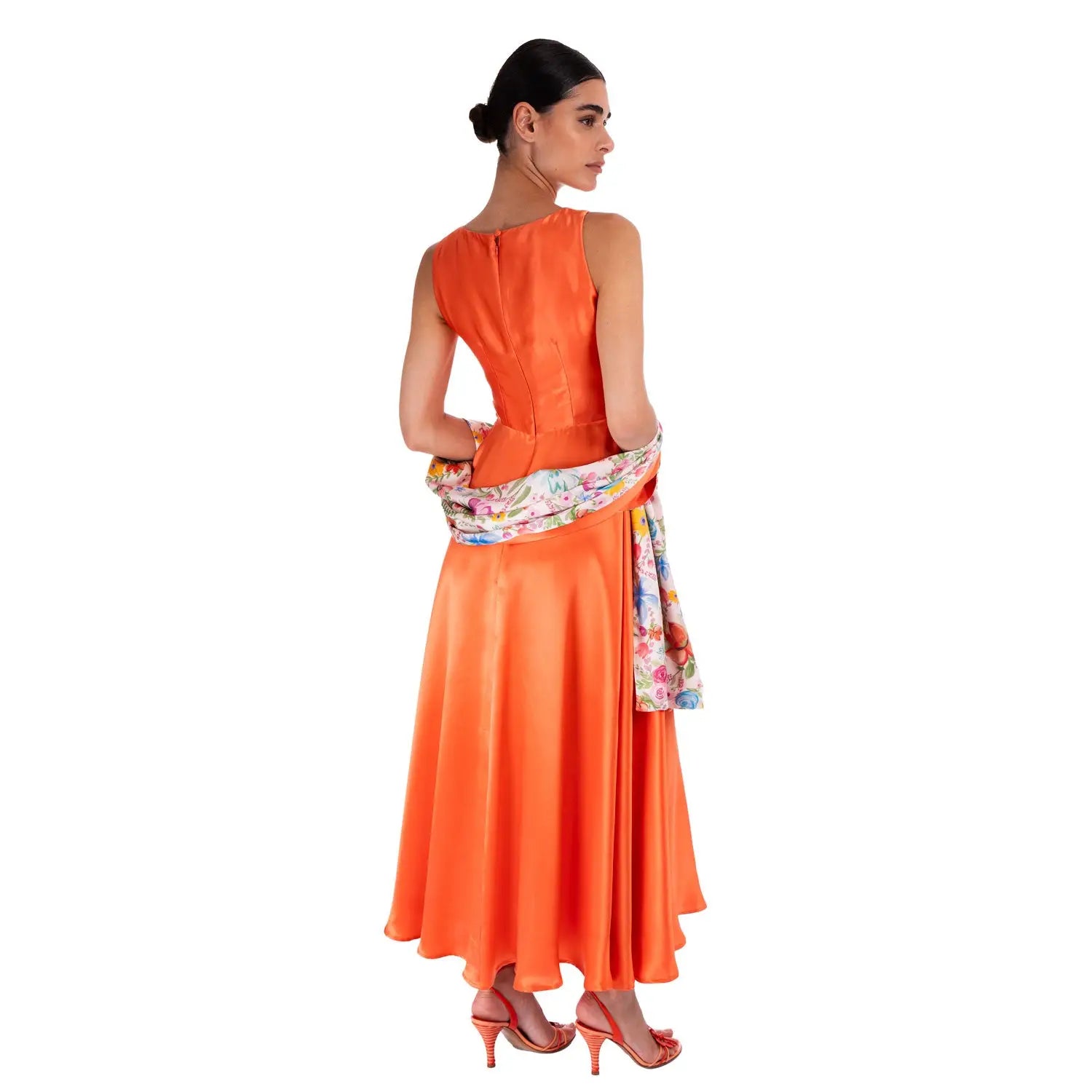 Orange Floral Satin Silk Scarf - 2m x 50cm (6.5ft x