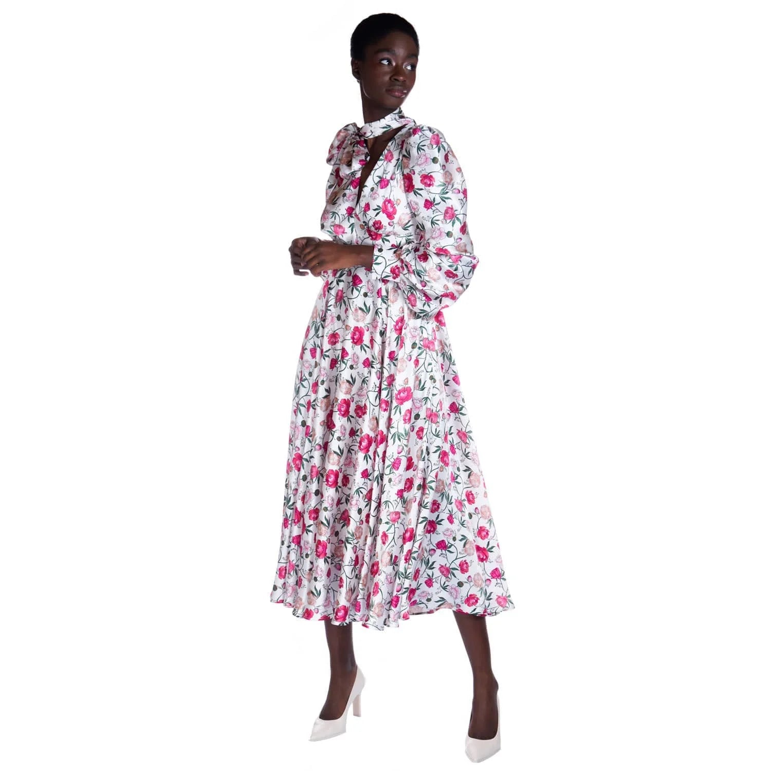 Peony print V-neck silk dress - Dress
