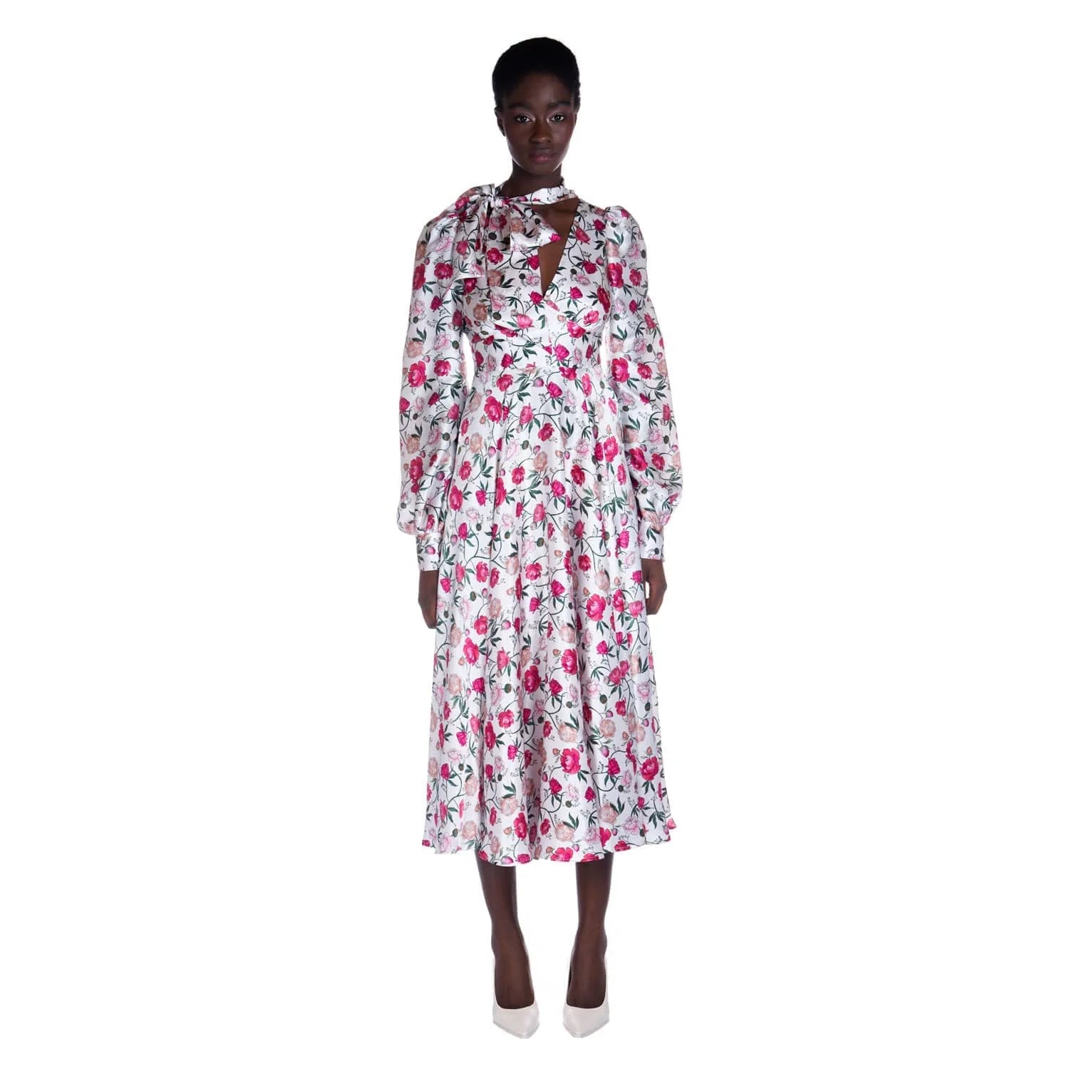 Peony print V-neck silk dress - Dress