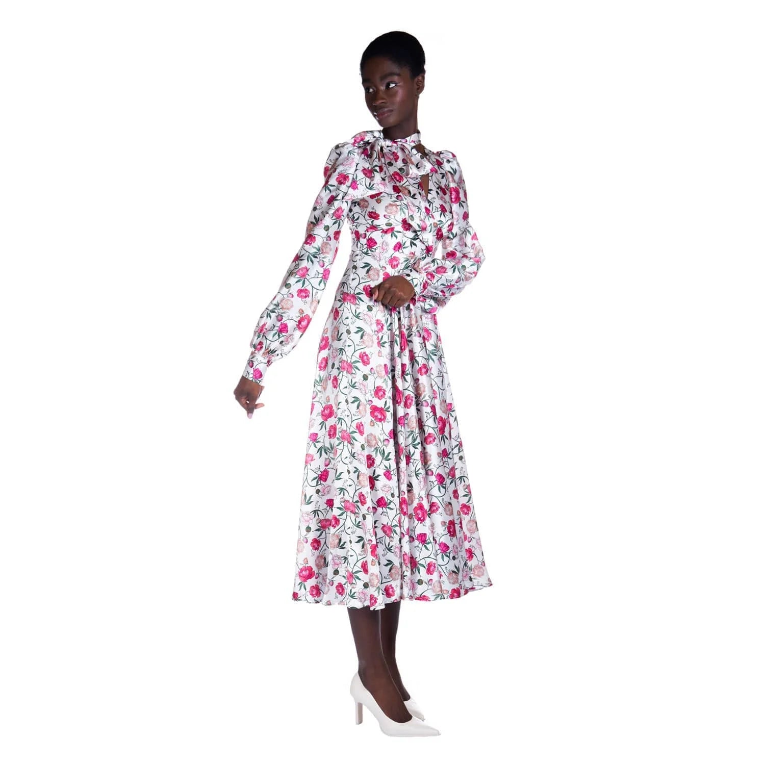 Peony print V-neck silk dress - Dress