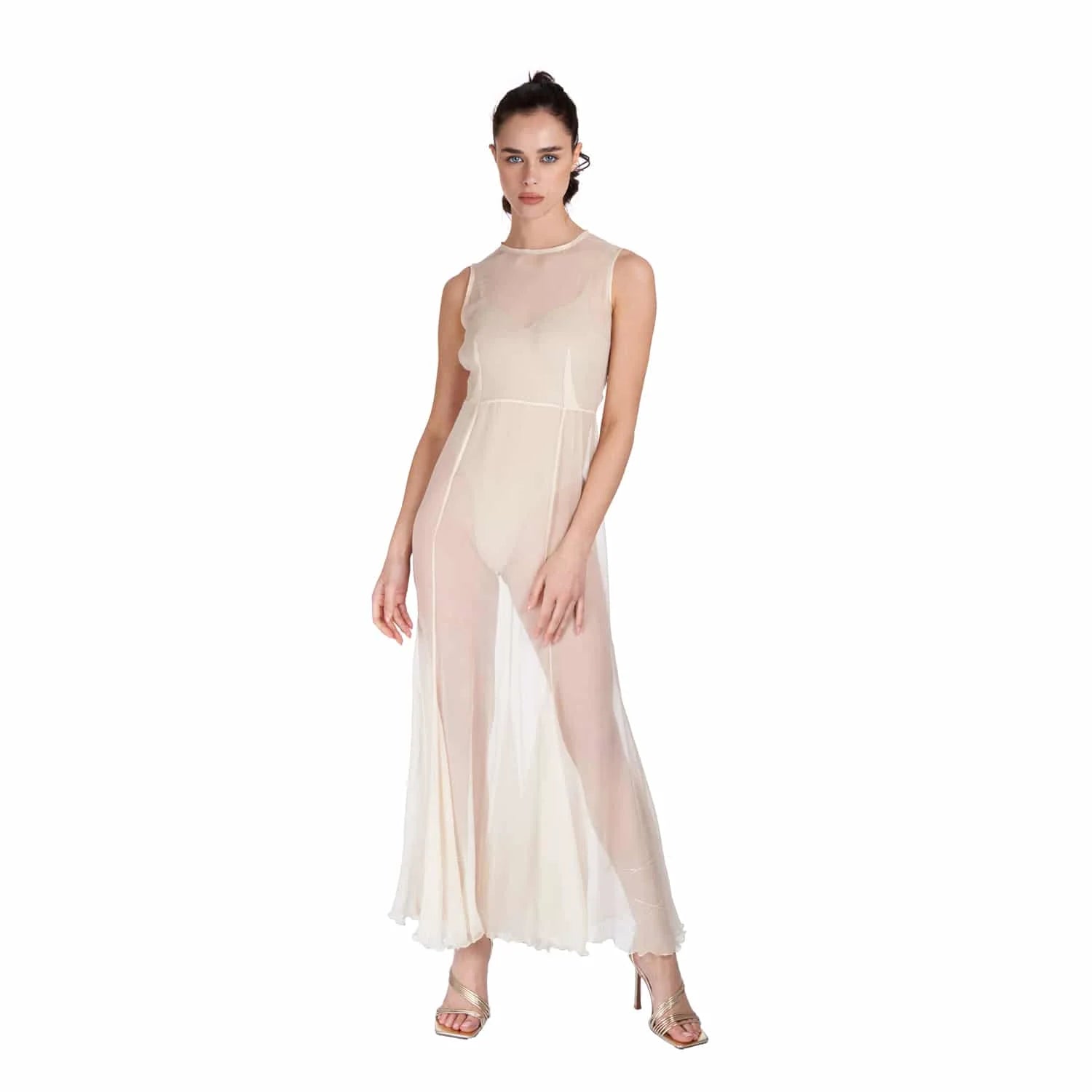 Silk Crepon Transparent Dress in Nude