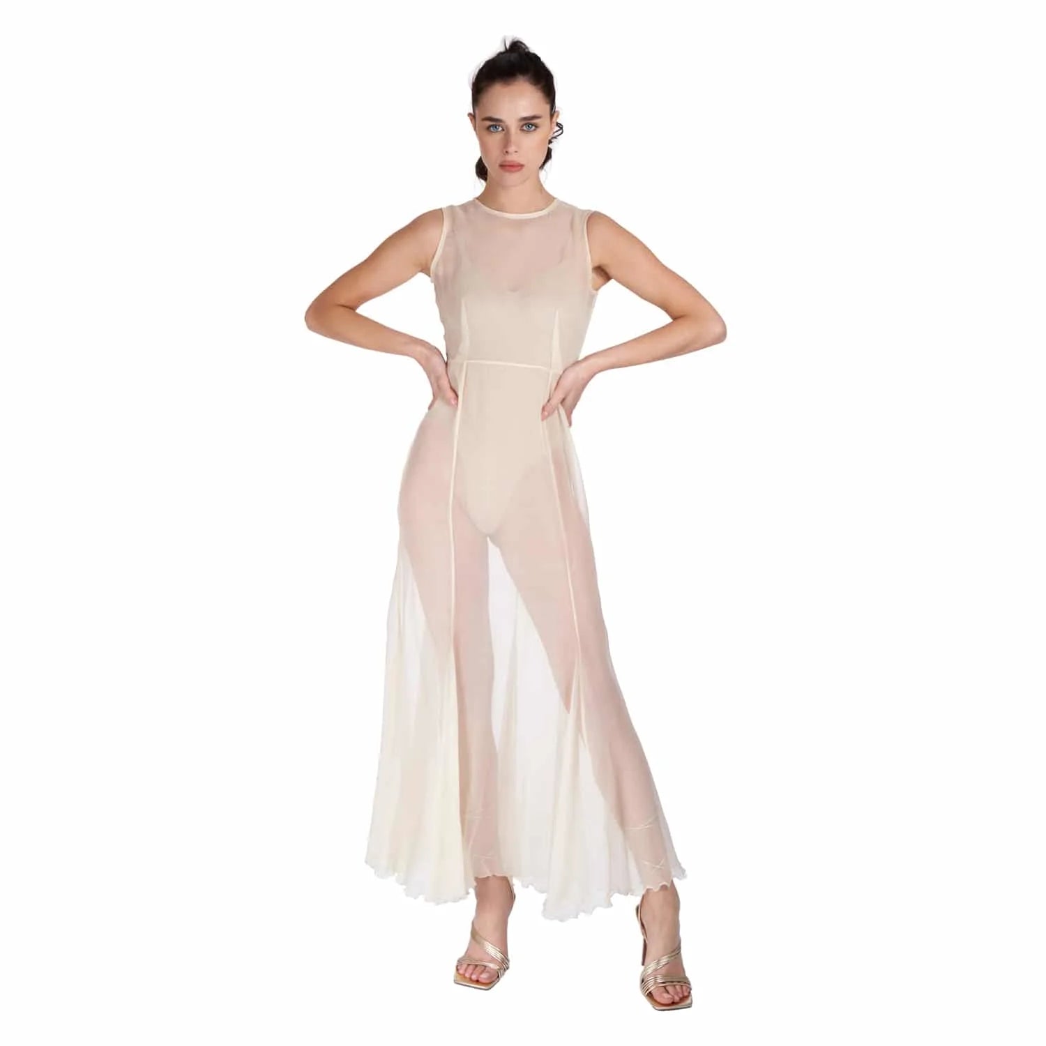 Silk Crepon Transparent Dress in Nude