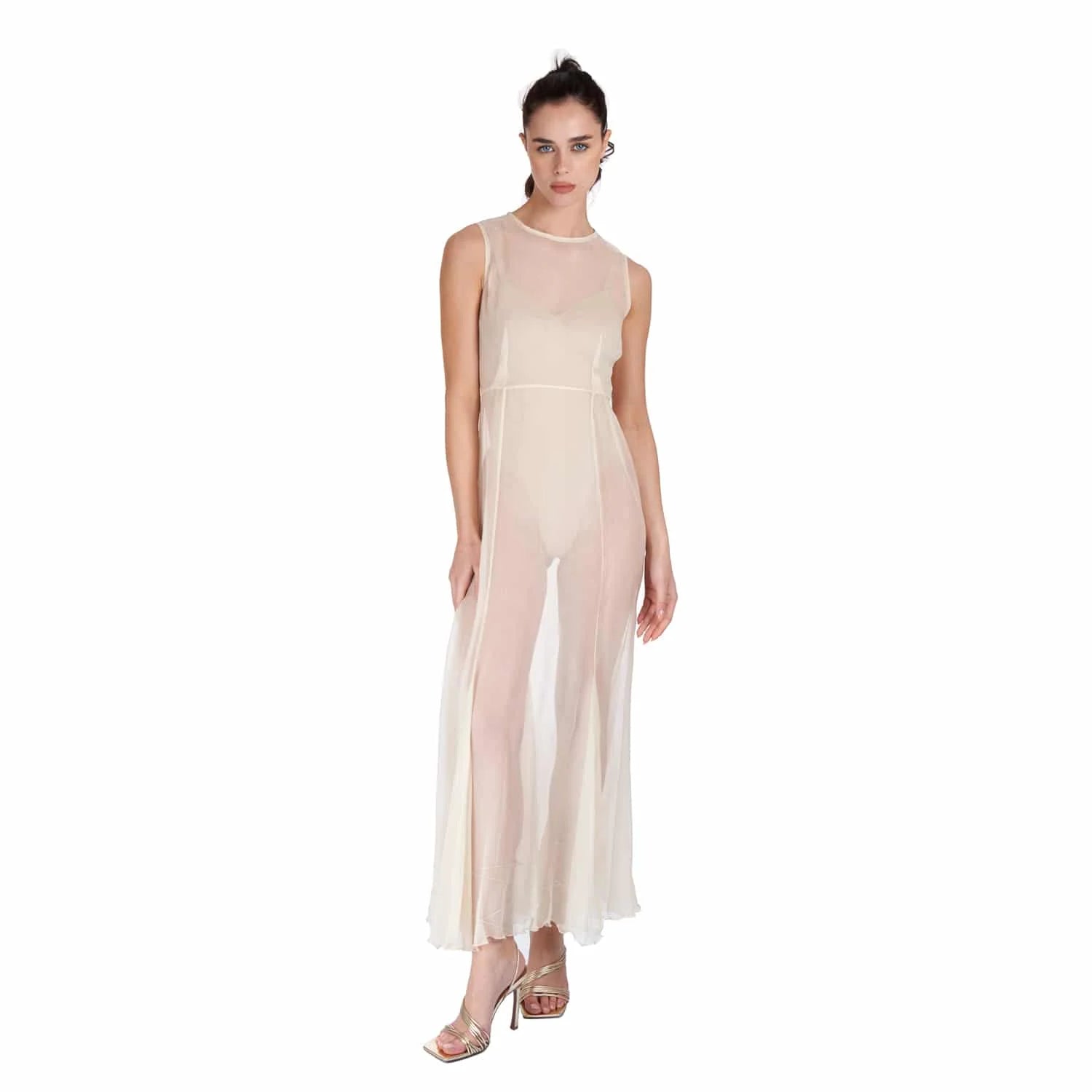 Silk Crepon Transparent Dress in Nude