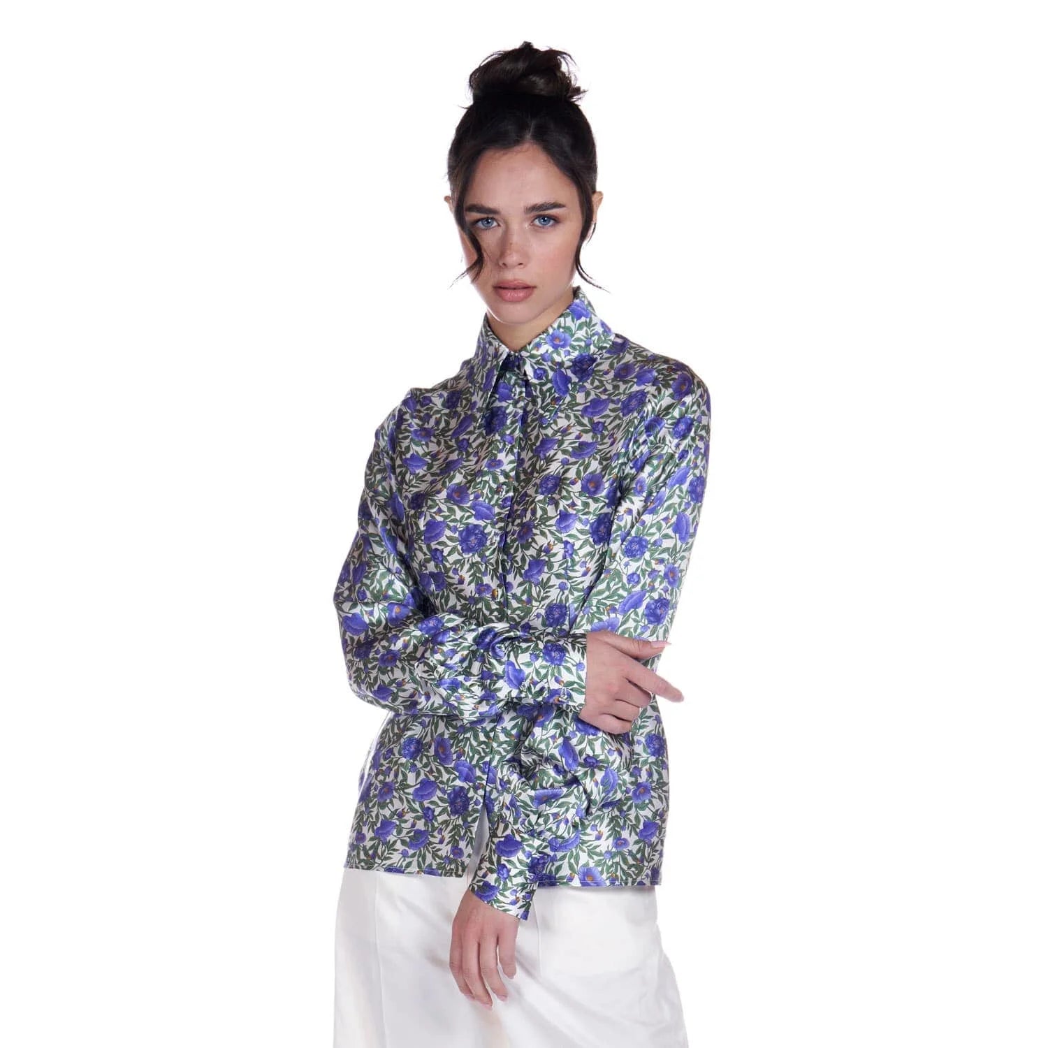 Silk shirt in purple botanica print - Blouse