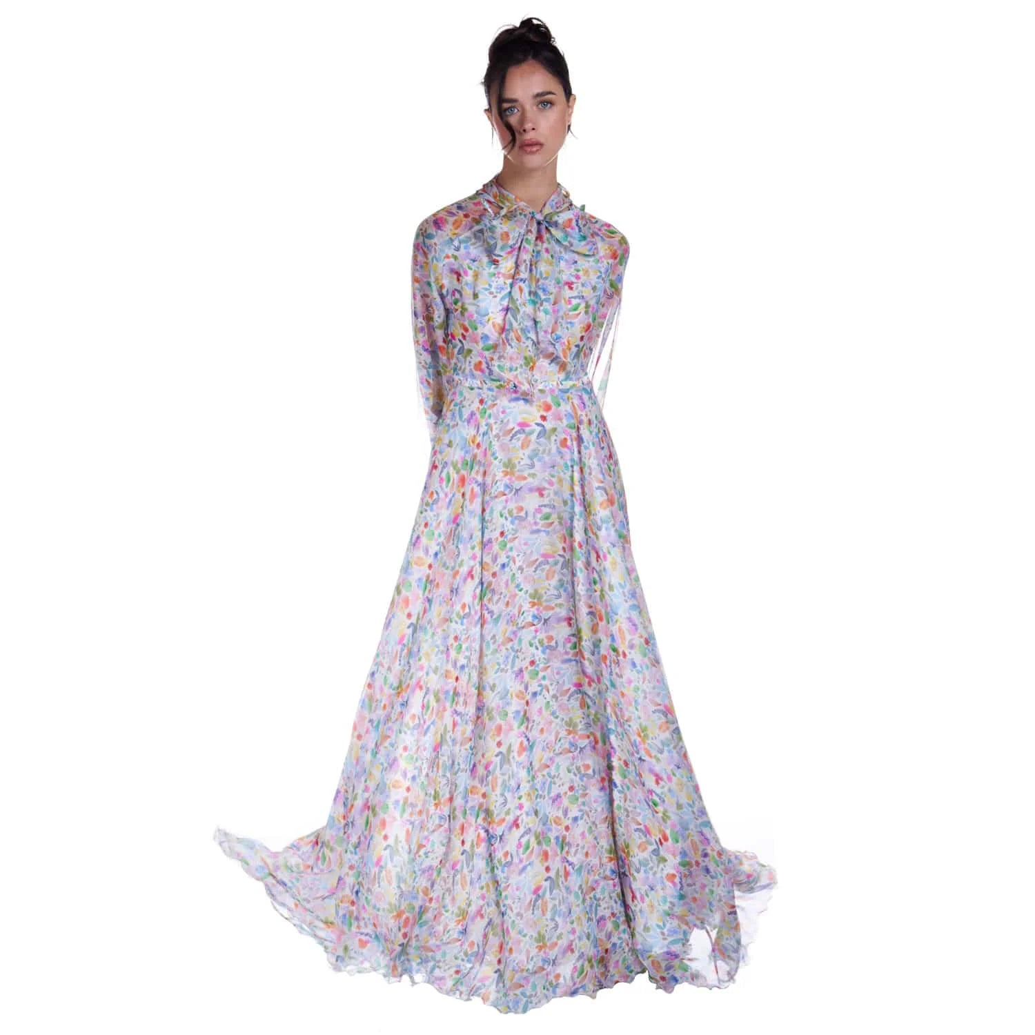 Long chiffon dress in watercolor print - Dress