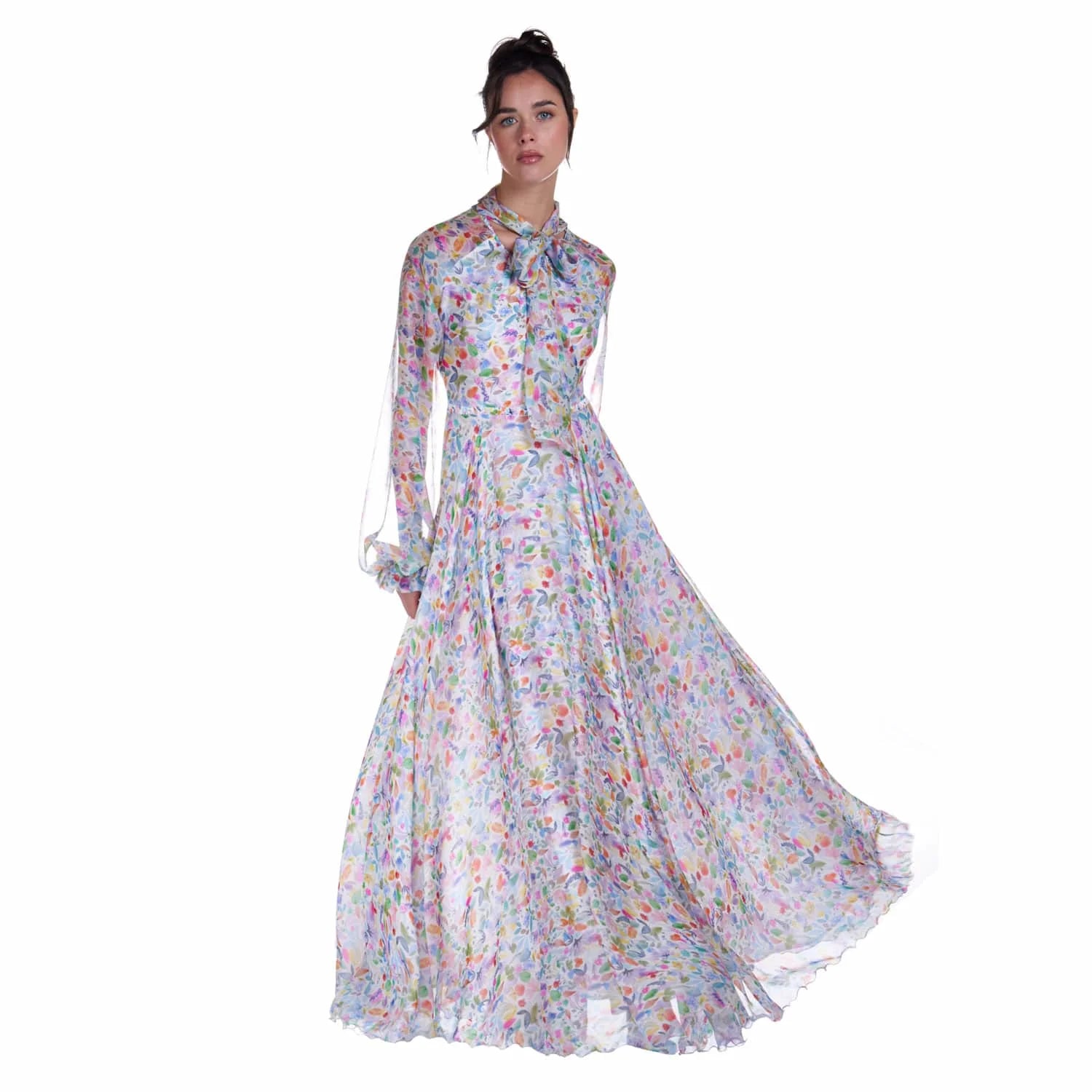 Long chiffon dress in watercolor print - Dress