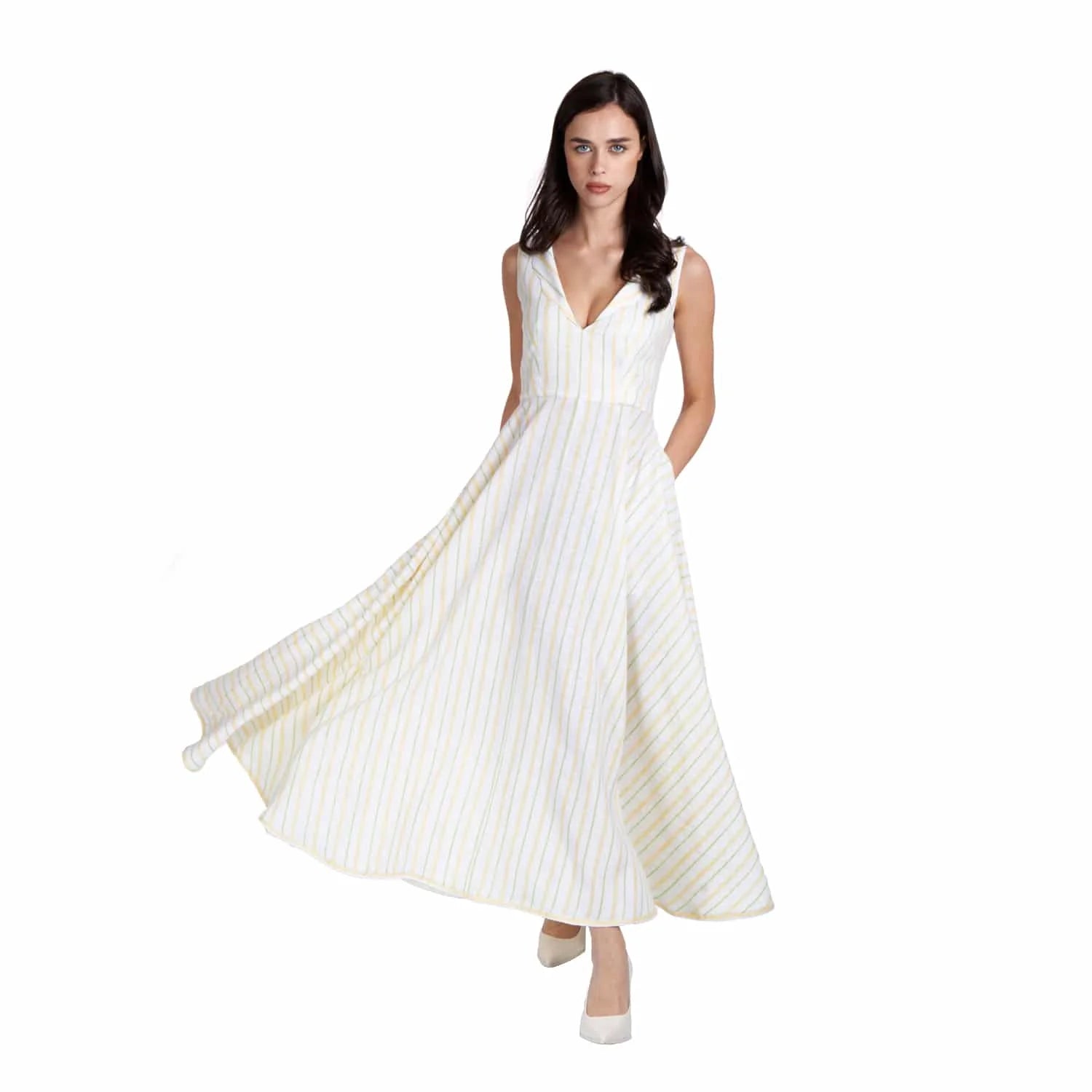 Long V-Neck Linen Dress - Dress