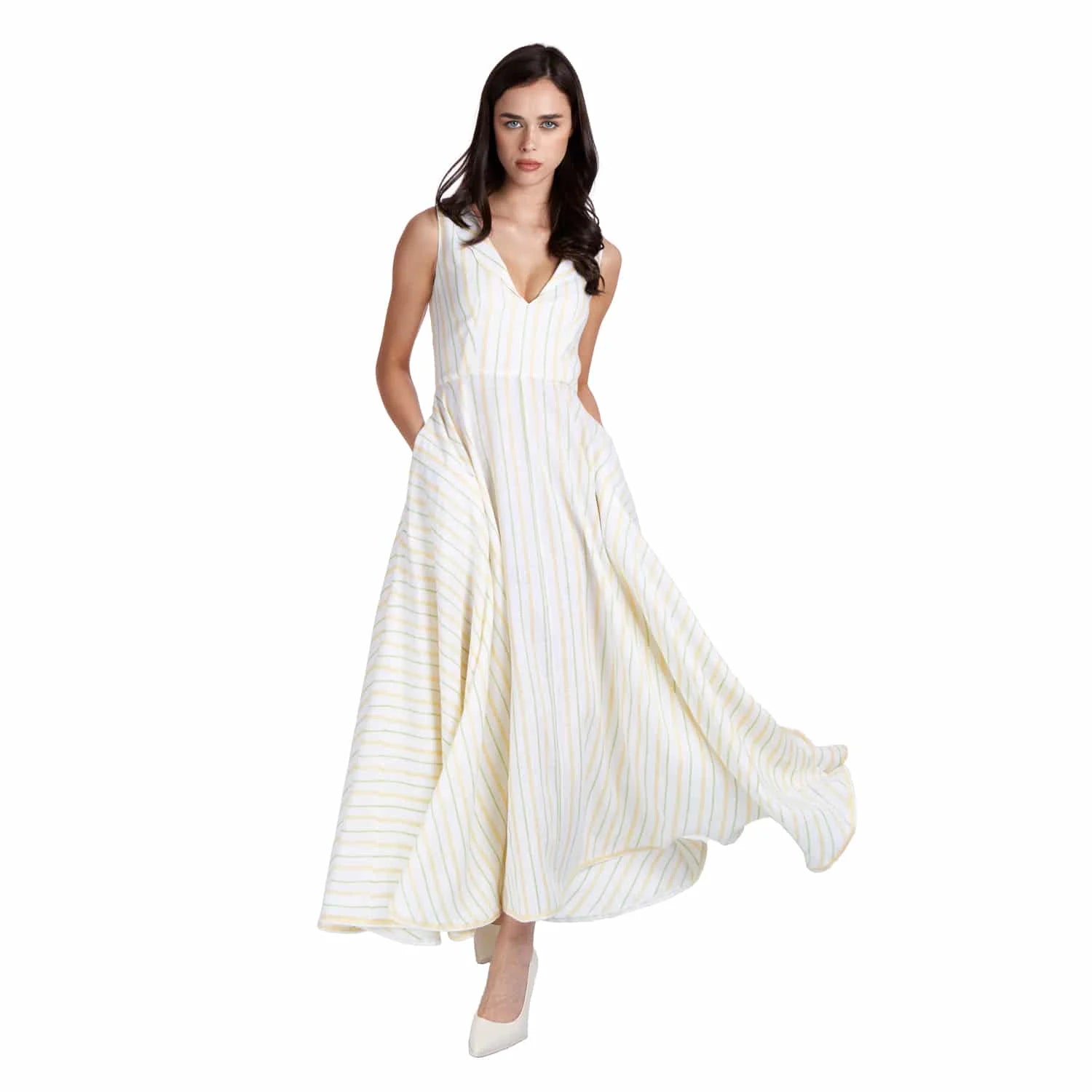 Long V-Neck Linen Dress - Dress